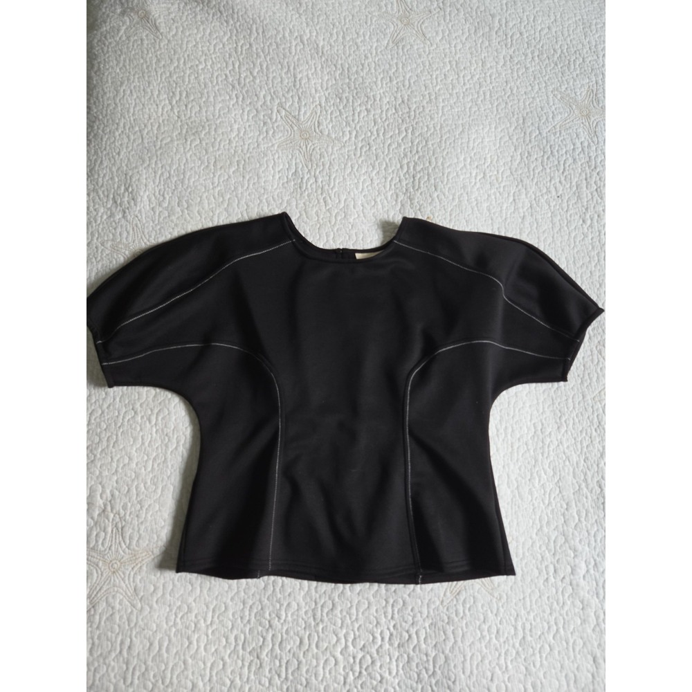 Melloday Flared Knit Crop Top Womens Large Black Contrast Stitch Cinched Waist